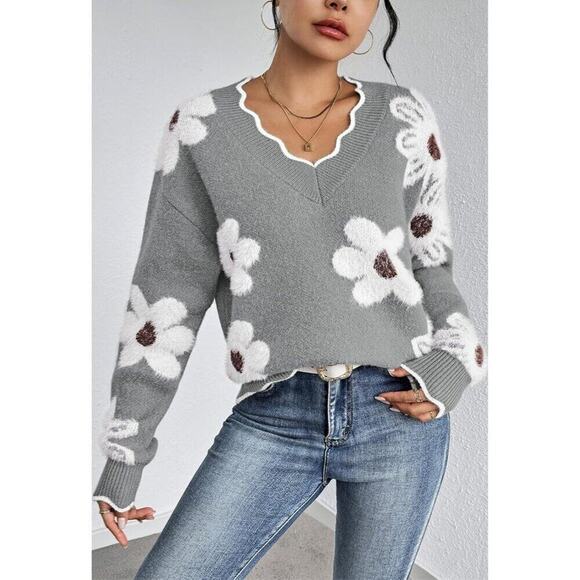 Women's Oversized V Neck Fuzzy Sweaters Grey Loose Long Sleeve Top - Picture 4 of 9